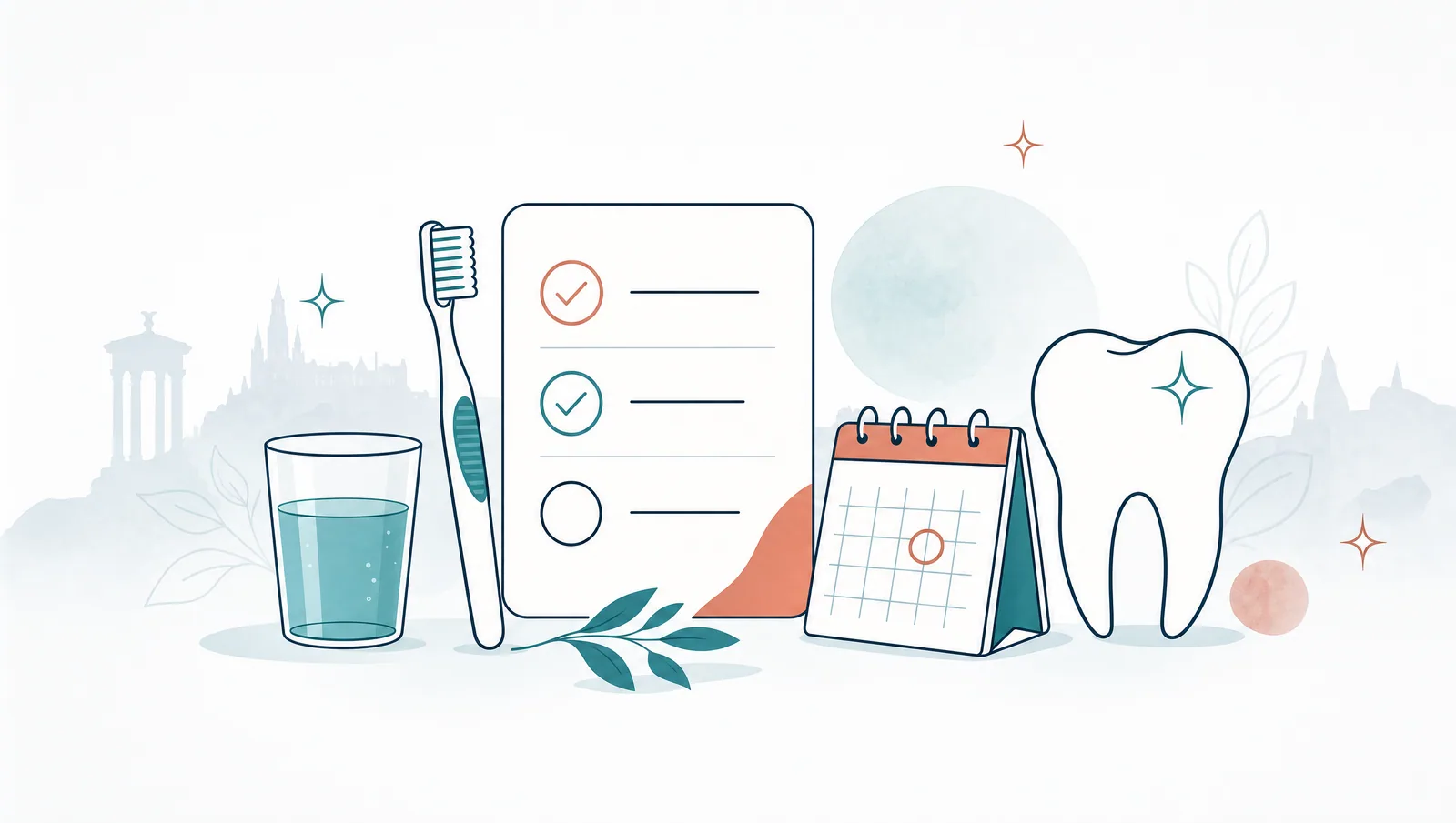 Illustration of dental aftercare checklist, toothbrush, water glass and follow-up appointment calendar.