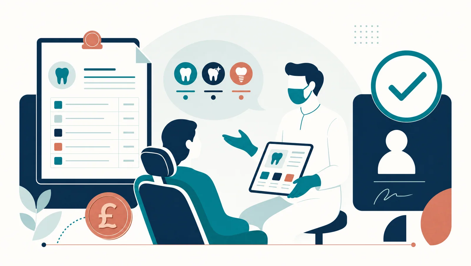 Illustration of a dentist explaining treatment options, fees and consent.