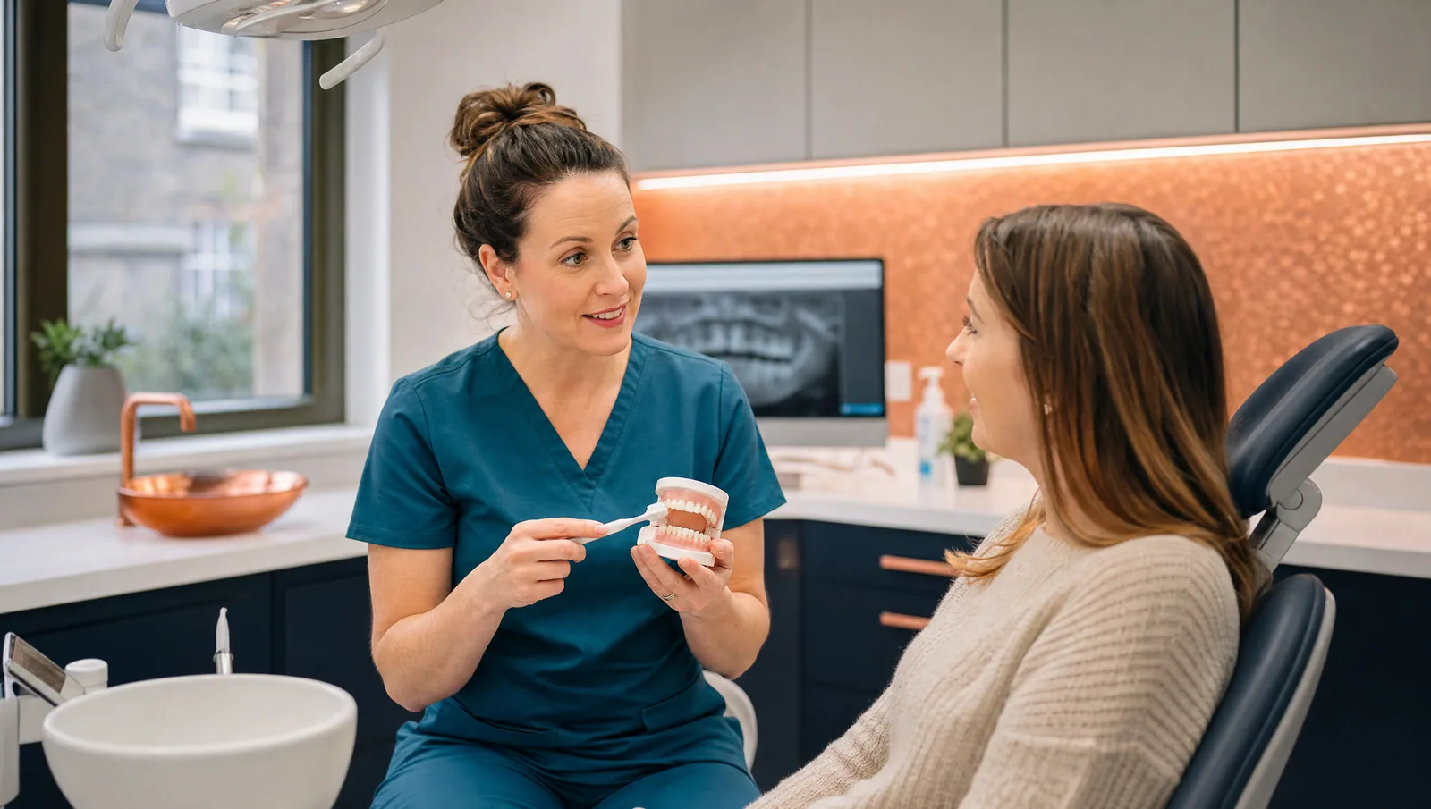 Dental hygienist explaining gum care with a model in a bright surgery.