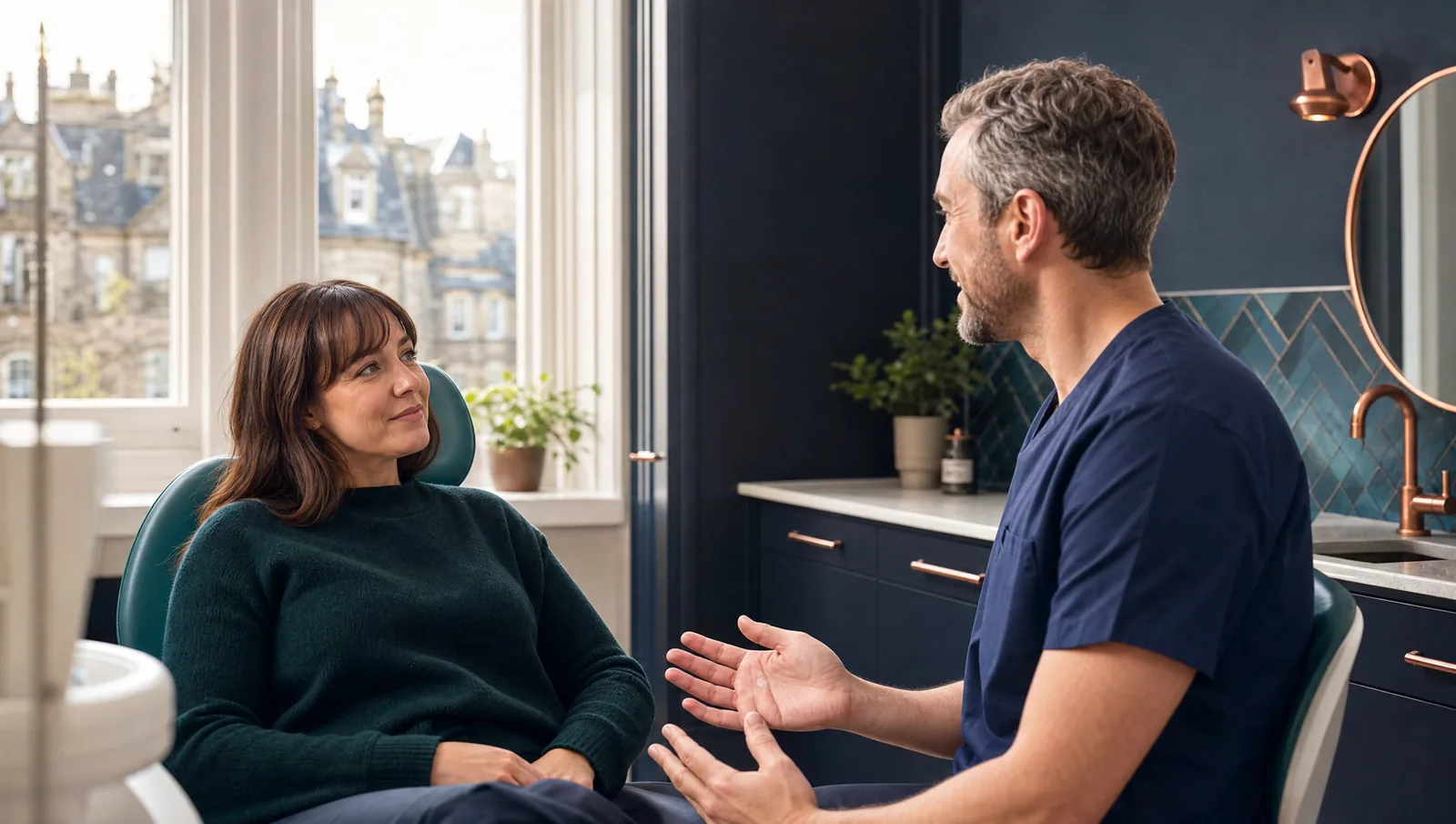 Calm seated conversation between a dentist and patient before treatment.