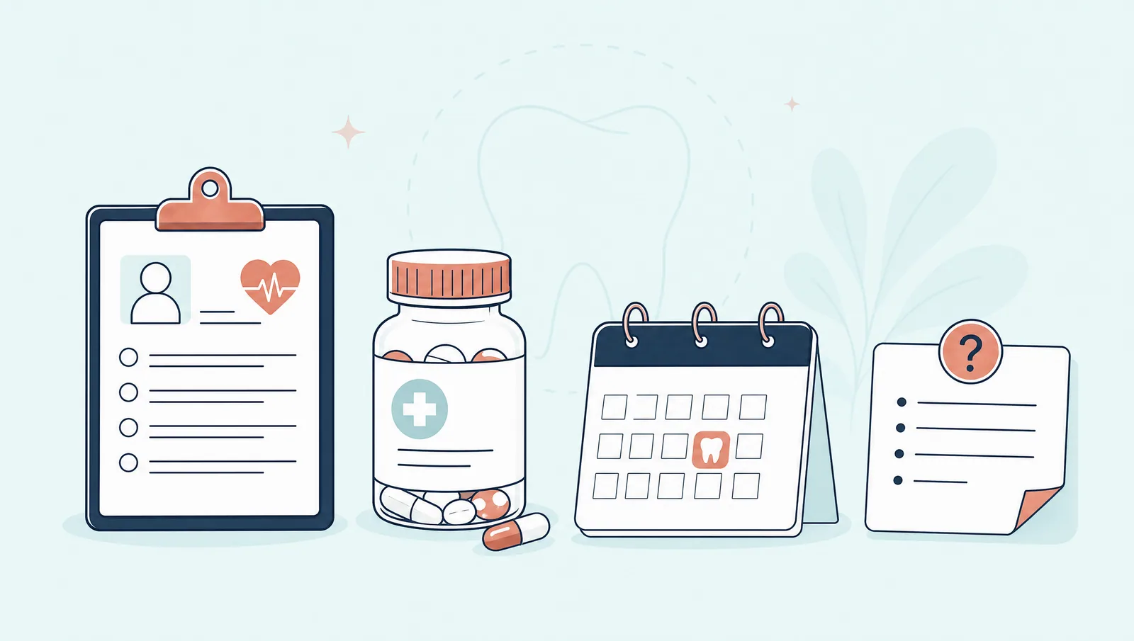 Illustration of medical history, medication, appointment and question note icons.