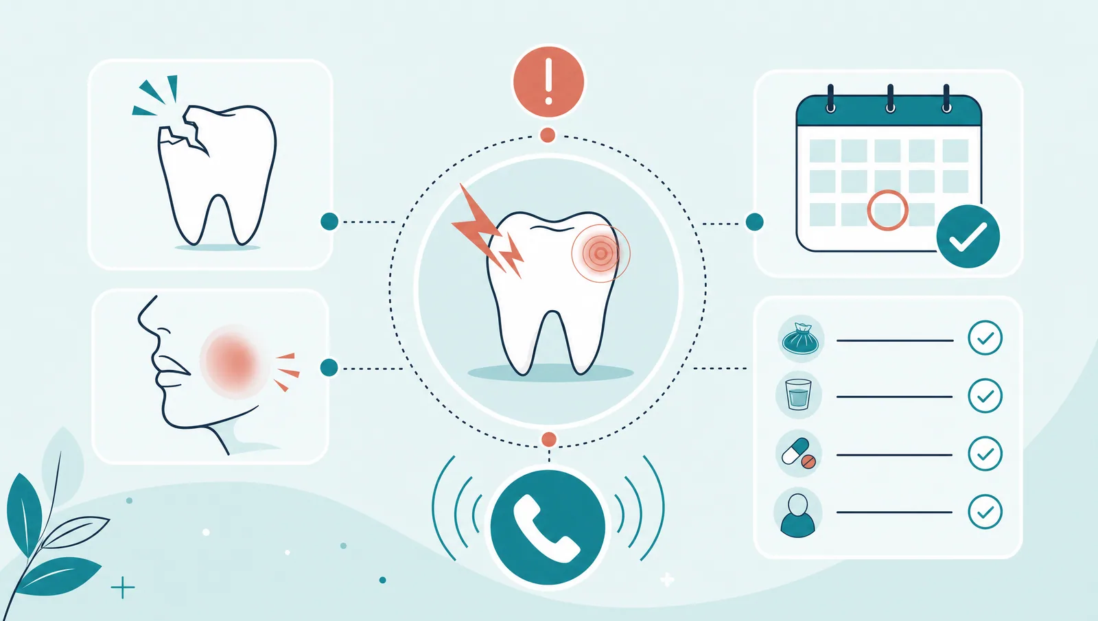Dental concern triage illustration with pain, phone and appointment icons.
